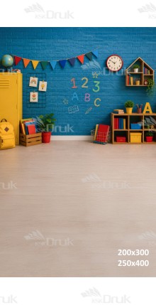 Tło fotograficzne „Kolorowa Sala Szkolna z Niebieską Ceglaną Ścianą” | 4232